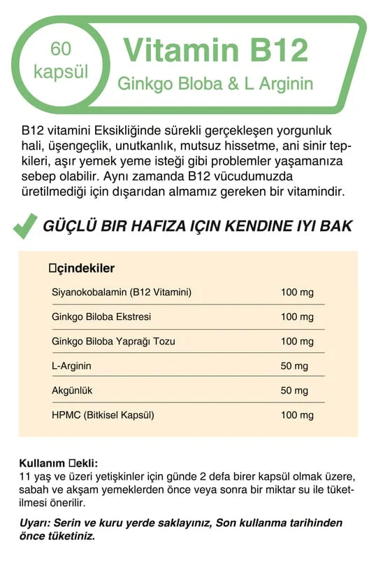 Vitamin B12 Ginko Bloba Extract  L Arginine Capsules - Premium  from Mindivan - Just €0! Shop now at Islamic Wholesale